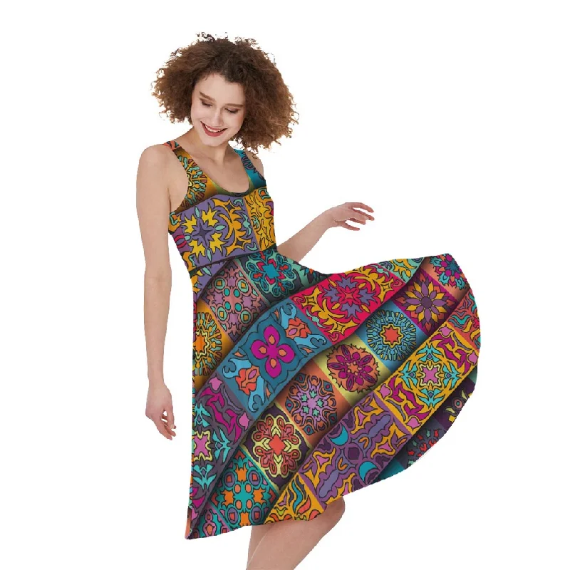 Rectangle Mandala Bohemian Pattern Print Sleeveless Knee Length Dress Tunics Plaid country