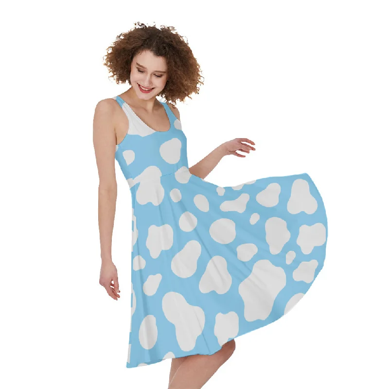 White And Blue Cow Print Sleeveless Knee Length Dress Tunics Solid Classic