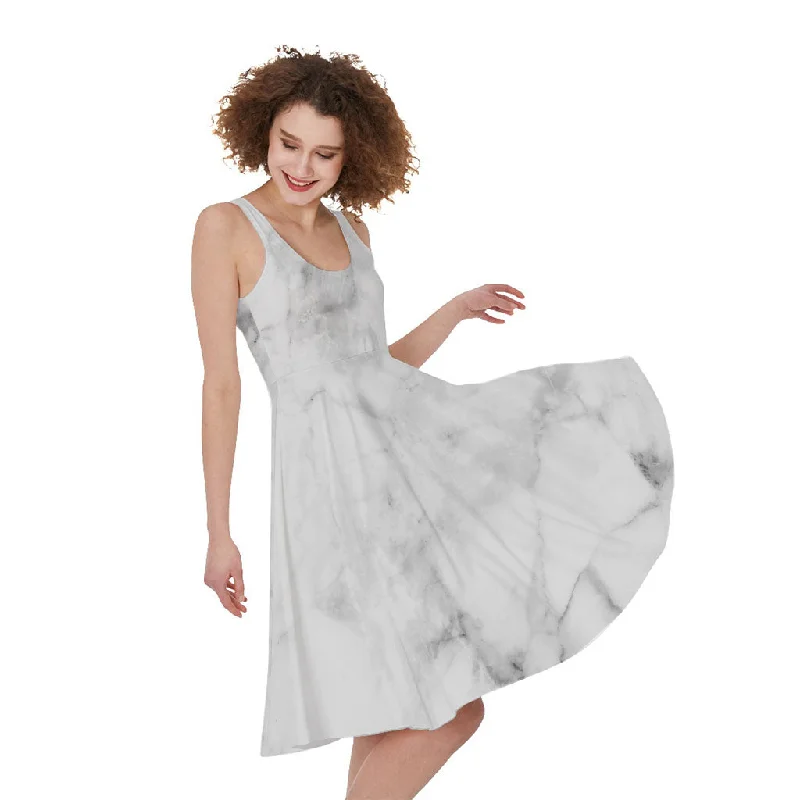 White Smoke Marble Print Sleeveless Knee Length Dress Tunics Custom made