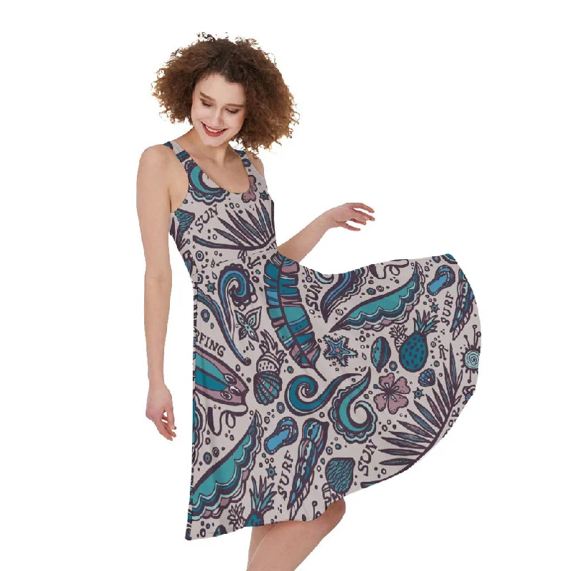 Summer Surfing Pattern Print Sleeveless Knee Length Dress Elegant Long Evening