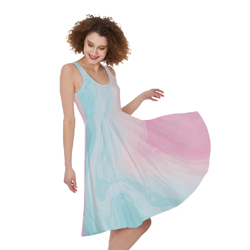 Teal Pink Liquid Marble Print Sleeveless Knee Length Dress Tunics Seasonal trendy
