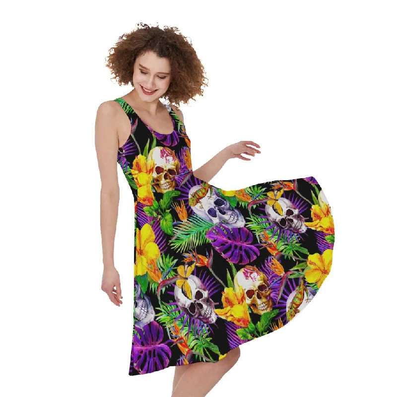 Purple Tropical Skull Pattern Print Sleeveless Knee Length Dress Tunics Business professional Purple Tropical Skull Pattern Print Sleeveless Knee Length Dress Tunics Business professional