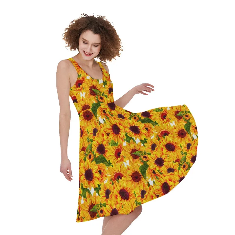 Watercolor Sunflower Pattern Print Sleeveless Knee Length Dress Tunics Leisure comfortable Watercolor Sunflower Pattern Print Sleeveless Knee Length Dress Tunics Leisure comfortable