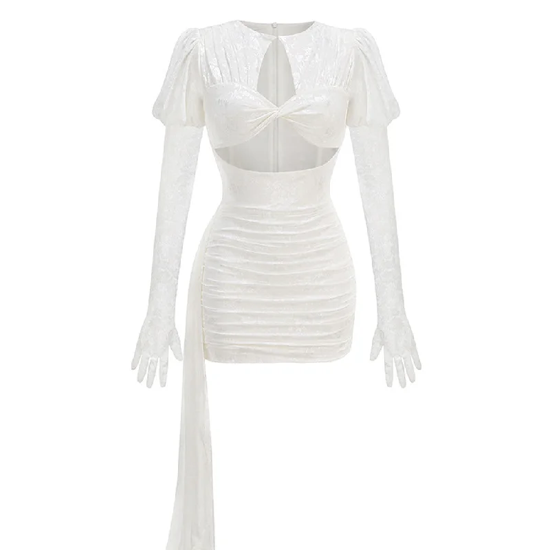 Sexy Cutout Glove Sleeve Floral Lace Draped Ruched Bodycon Mini Party Dress Tunics Brand named Sexy Cutout Glove Sleeve Floral Lace Draped Ruched Bodycon Mini Party Dress Tunics Brand named
