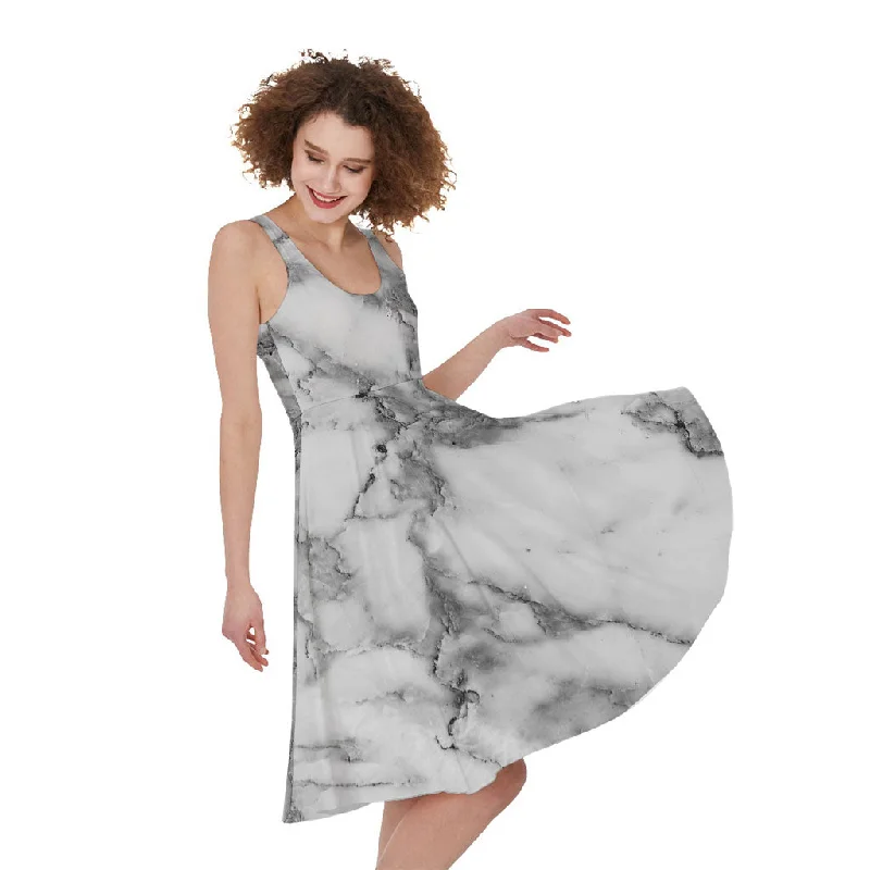 White Gray Marble Print Sleeveless Knee Length Dress Tunics Versatile functional