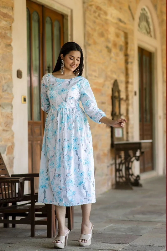 Women Off White Floral Printed Mini Dress - Rasiya Modern Satin Mini Dress