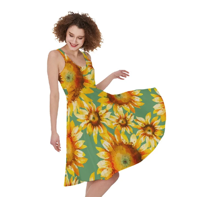 Sage Watercolor Sunflower Pattern Print Sleeveless Knee Length Dress Tunics Running lightweight Sage Watercolor Sunflower Pattern Print Sleeveless Knee Length Dress Tunics Running lightweight