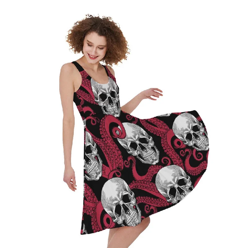 Red Octopus Skull Pattern Print Sleeveless Knee Length Dress Halter Neckline Beach