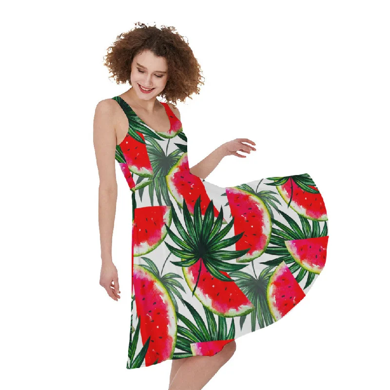 White Palm Leaf Watermelon Pattern Print Sleeveless Knee Length Dress Tunics Essential wardrobe White Palm Leaf Watermelon Pattern Print Sleeveless Knee Length Dress Tunics Essential wardrobe