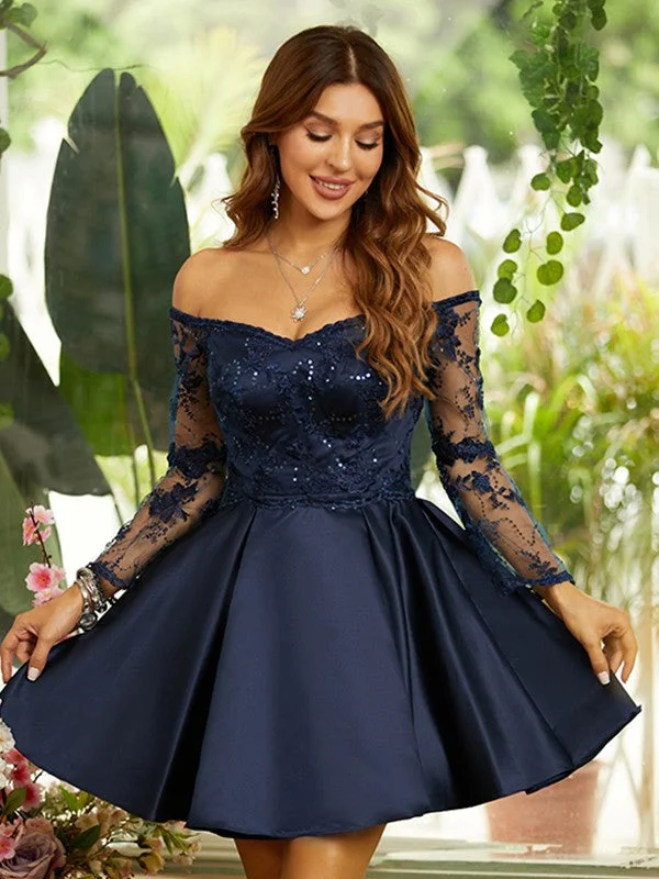 A-Line/Princess Satin Lace Off-the-Shoulder Long Sleeves Short/Mini Dresses Fashionable Party Mini Dress A-Line/Princess Satin Lace Off-the-Shoulder Long Sleeves Short/Mini Dresses Fashionable Party Mini Dress