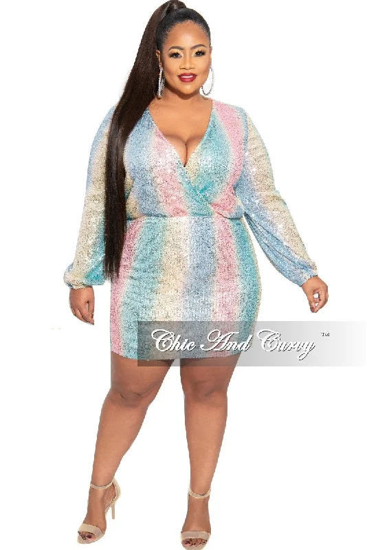 Final Sale Plus Size Faux Wrap Sequin Mini Dress in Multi Pink Blue Yellow Cozy Jersey Mini Dress Final Sale Plus Size Faux Wrap Sequin Mini Dress in Multi Pink Blue Yellow Cozy Jersey Mini Dress