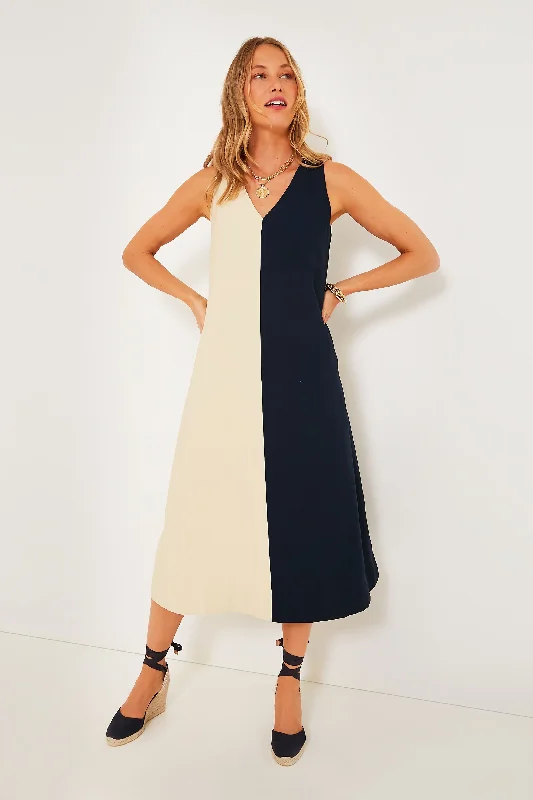 Navy and Tan Sallie Dress Crew Neckline Sporty