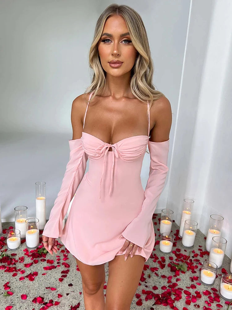 Elegant Pleated Bust Lace Up Back Mini Dress Women Summer New Long Sleeve Backless Bodycon Sexy Party Club Dress Trendy Bodycon Mini Dress Elegant Pleated Bust Lace Up Back Mini Dress Women Summer New Long Sleeve Backless Bodycon Sexy Party Club Dress Trendy Bodycon Mini Dress