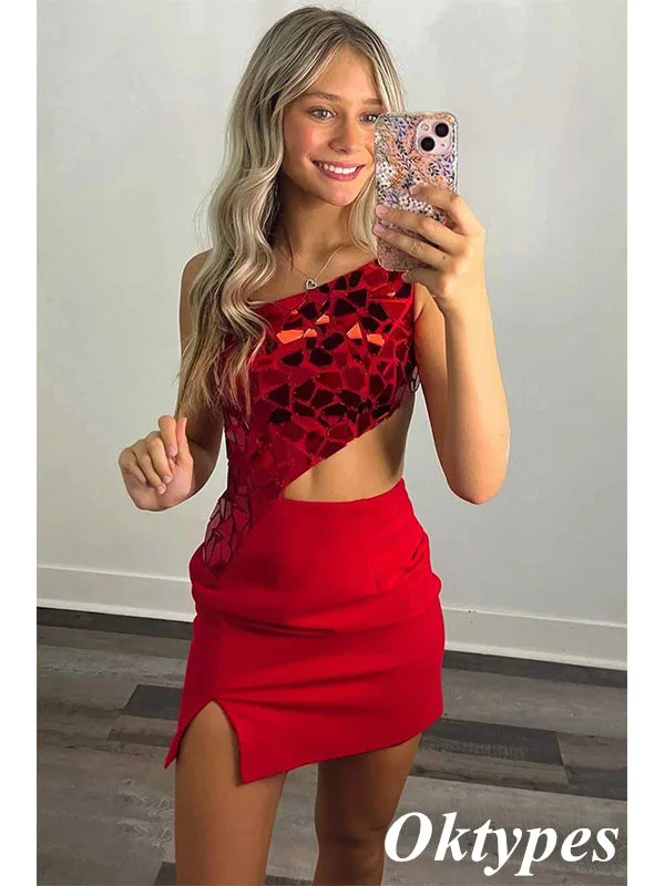 Sexy Red One Shoulder Sheath Mini Dresses/ Homecoming Dresses With Split,PDS0516 Cozy Cowl Neck Mini Dress Sexy Red One Shoulder Sheath Mini Dresses/ Homecoming Dresses With Split,PDS0516 Cozy Cowl Neck Mini Dress