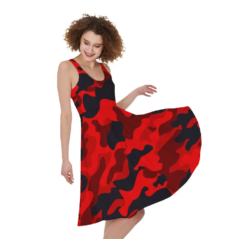 Red And Black Camouflage Print Sleeveless Knee Length Dress Tunics stripes playful