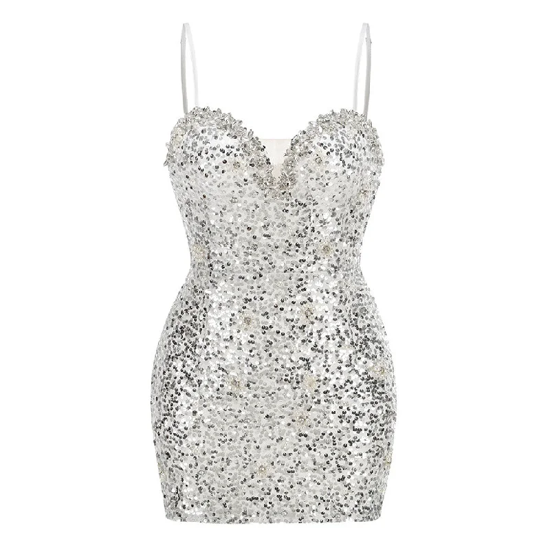 Luxury Pearl Rhinestone Spaghetti Strap Sequin Bodycon Mini Party Dress Tunics Travel practical