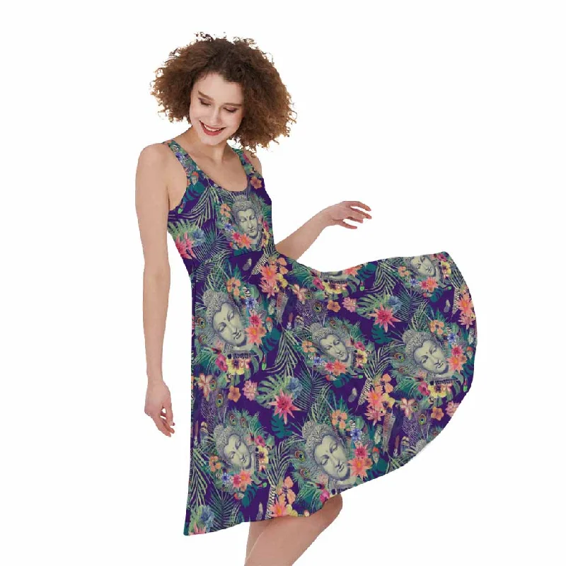 Tropical Buddha Print Sleeveless Knee Length Dress Crew Neckline Sporty