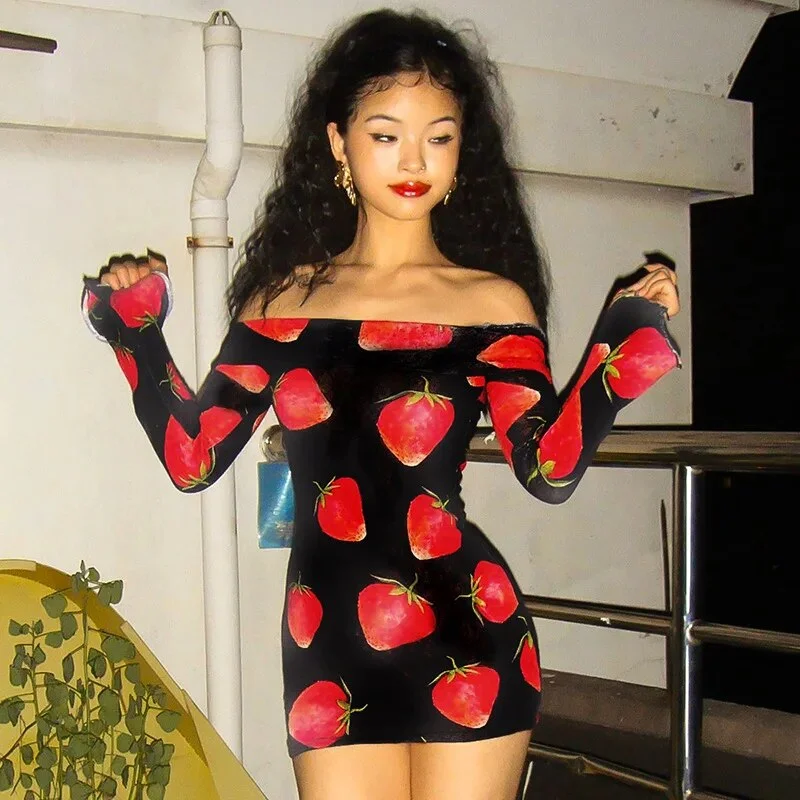 Strawberry Off Shoulder Mini Dress Comfortable One-Shoulder Mini Dress