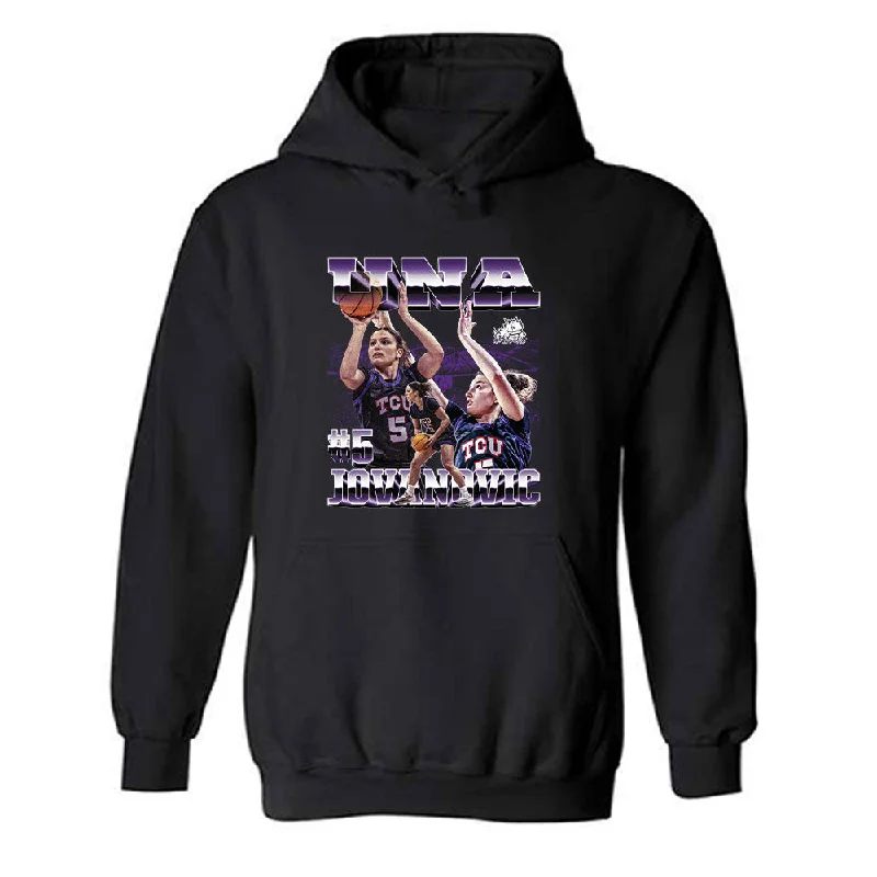 TCU - NCAA Women's Basketball : Una Jovanovic - Player Collage Hooded Sweatshirt Hoodie with Hidden Zipper Minimalist Clean TCU - NCAA Women's Basketball : Una Jovanovic - Player Collage Hooded Sweatshirt Hoodie with Hidden Zipper Minimalist Clean