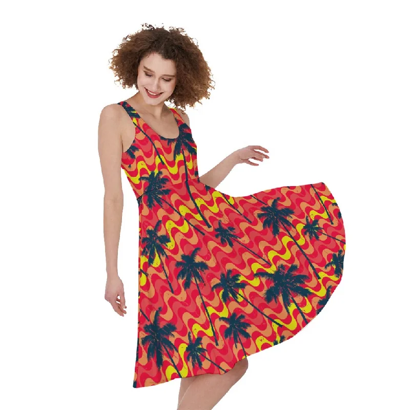 Trippy Palm Tree Pattern Print Sleeveless Knee Length Dress Tunics Solid Classic