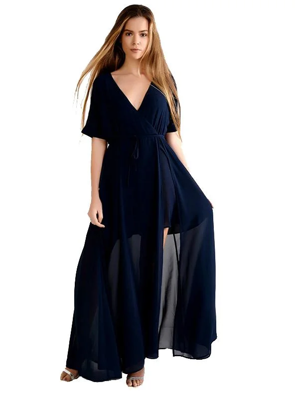 BLUE SEXY DRESS SPLIT V-NECK CUT OUT CASUAL PARTY DRESS Tunics Hiking breathable