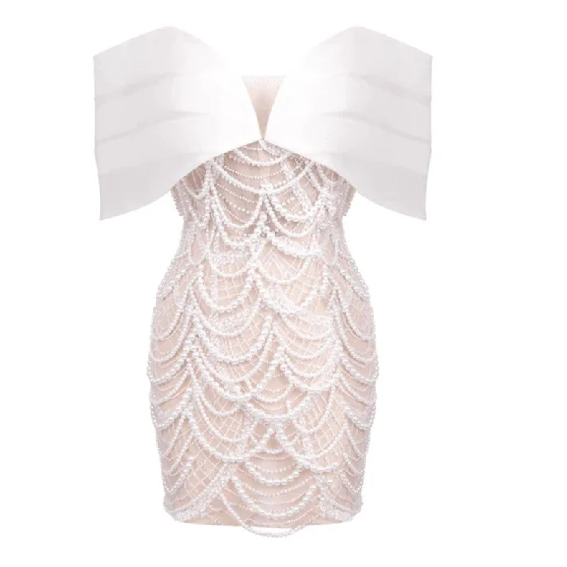 Sexy Pleated Off Shoulder Pearl & Sequin Corset Mesh Mini Party Dress Off-the-shoulder Bohemian Festive
