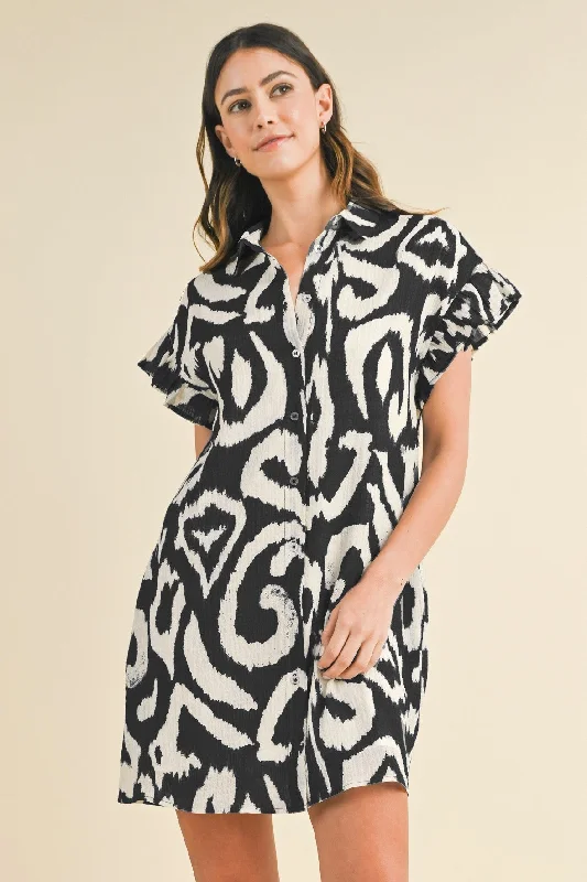AnnieWear Abstract Print Button Down Mini Dress in Black Cozy Knit Mini Dress