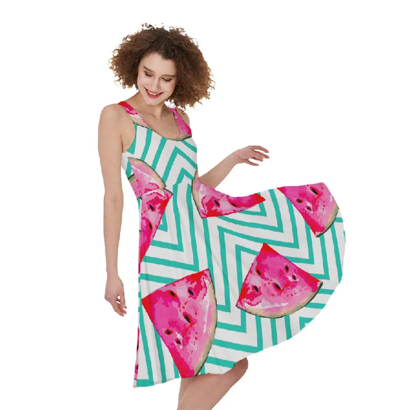 Teal Chevron Watermelon Pattern Print Sleeveless Knee Length Dress Tunics Exclusive limited
