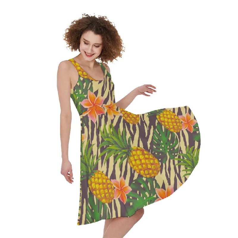 Vintage Zebra Pineapple Pattern Print Sleeveless Knee Length Dress Tunics Wedding white Vintage Zebra Pineapple Pattern Print Sleeveless Knee Length Dress Tunics Wedding white