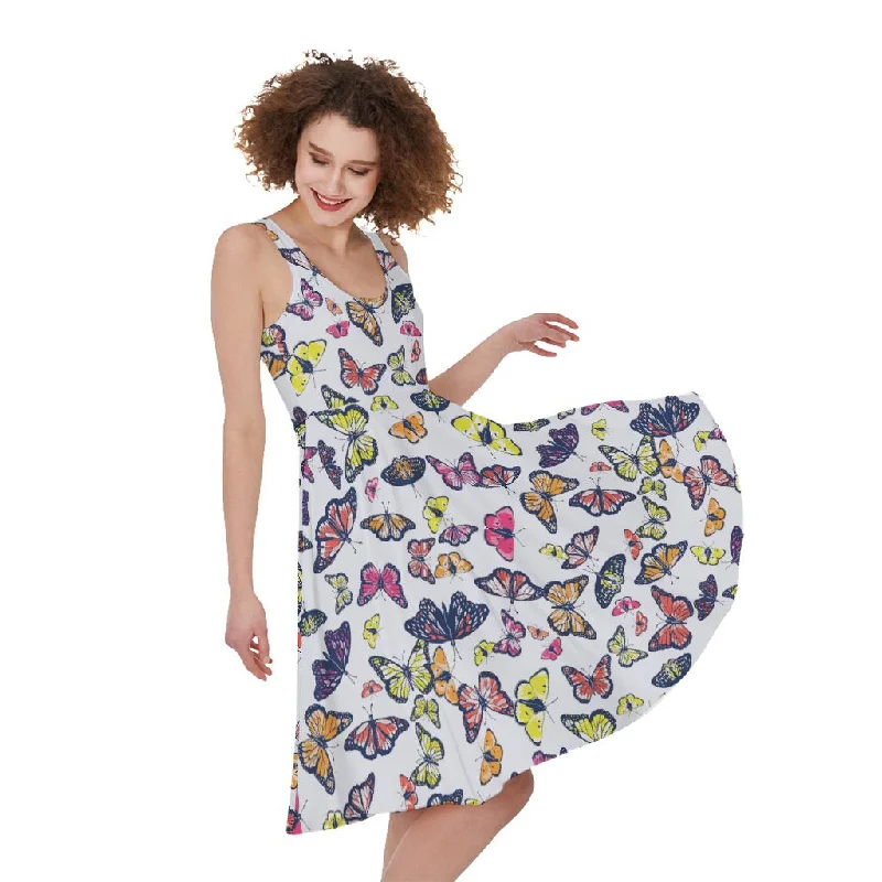 Spring Butterfly Pattern Print Sleeveless Knee Length Dress Cowl Neckline Elegant