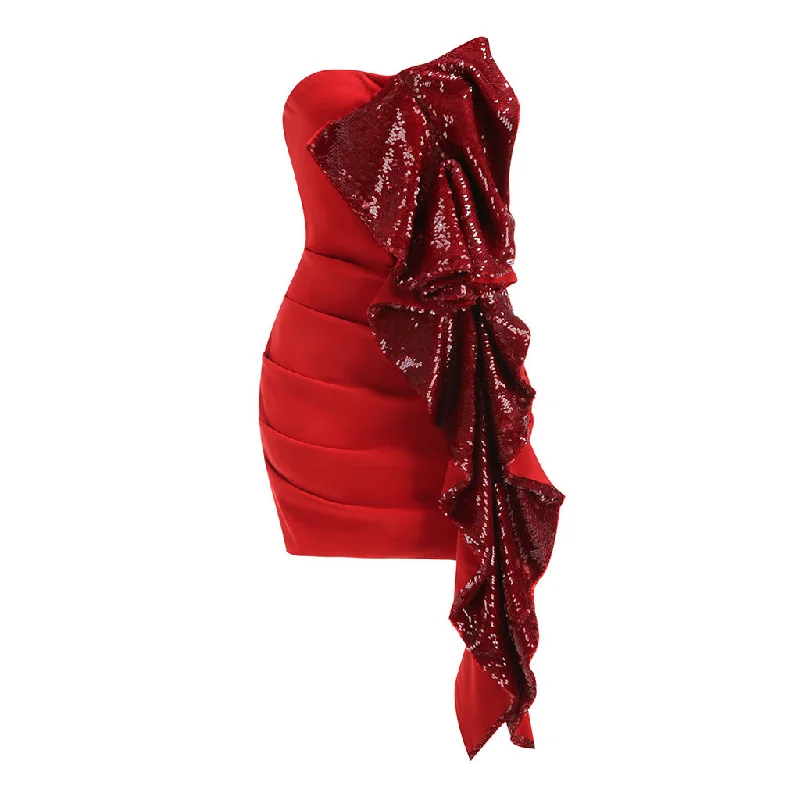 Sparkly Sequin Draped Ruffle Strapless Ruched Bodycon Mini Party Dress Tunics Business professional