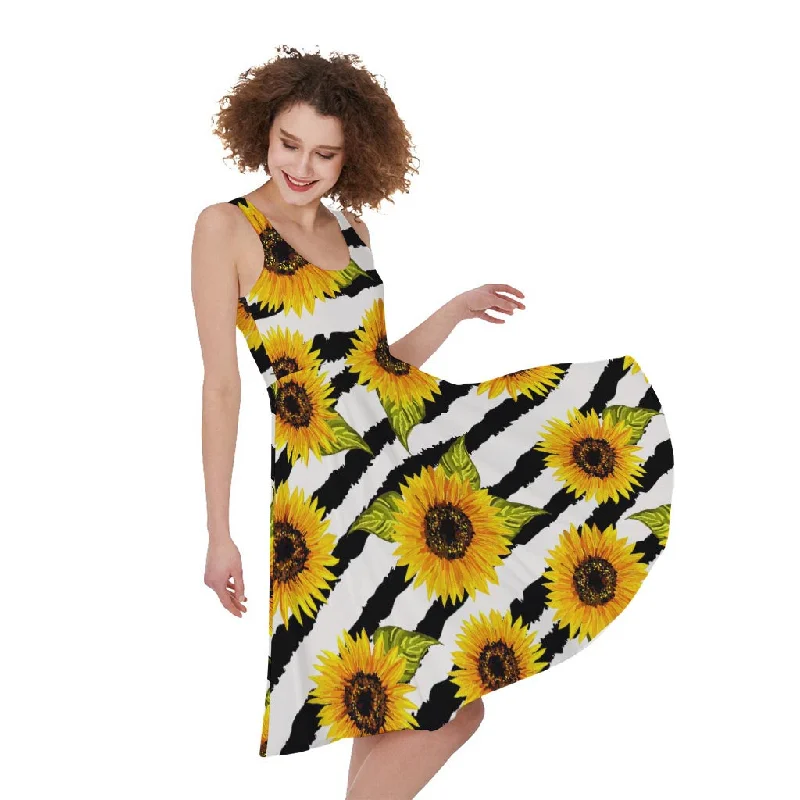 Sunflower Striped Pattern Print Sleeveless Knee Length Dress Tunics Versatile functional Sunflower Striped Pattern Print Sleeveless Knee Length Dress Tunics Versatile functional