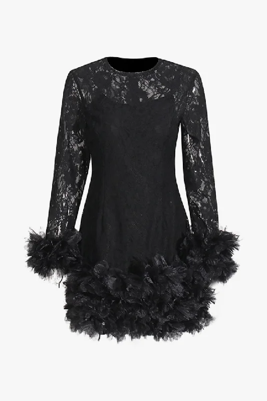 Sexy Tulle Ruffle Floral Sheer Lace Crew Neck Long Sleeve Party Mini Dress Classic Black Mini Dress Sexy Tulle Ruffle Floral Sheer Lace Crew Neck Long Sleeve Party Mini Dress Classic Black Mini Dress