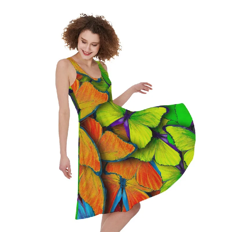 Rainbow Butterfly Pattern Print Sleeveless Knee Length Dress Tunics Canvas sturdy