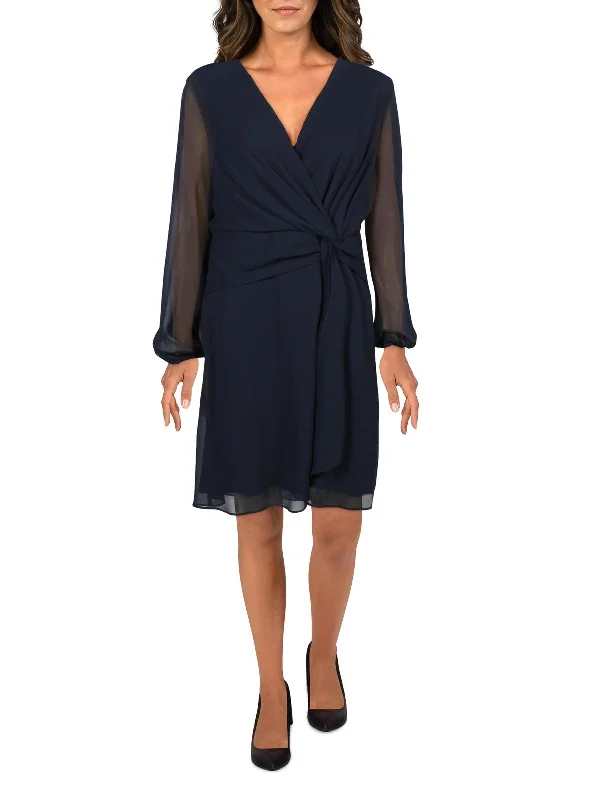Womens Bishop Sleeve Knee Cocktail and Party Dress Crew Neckline Casual