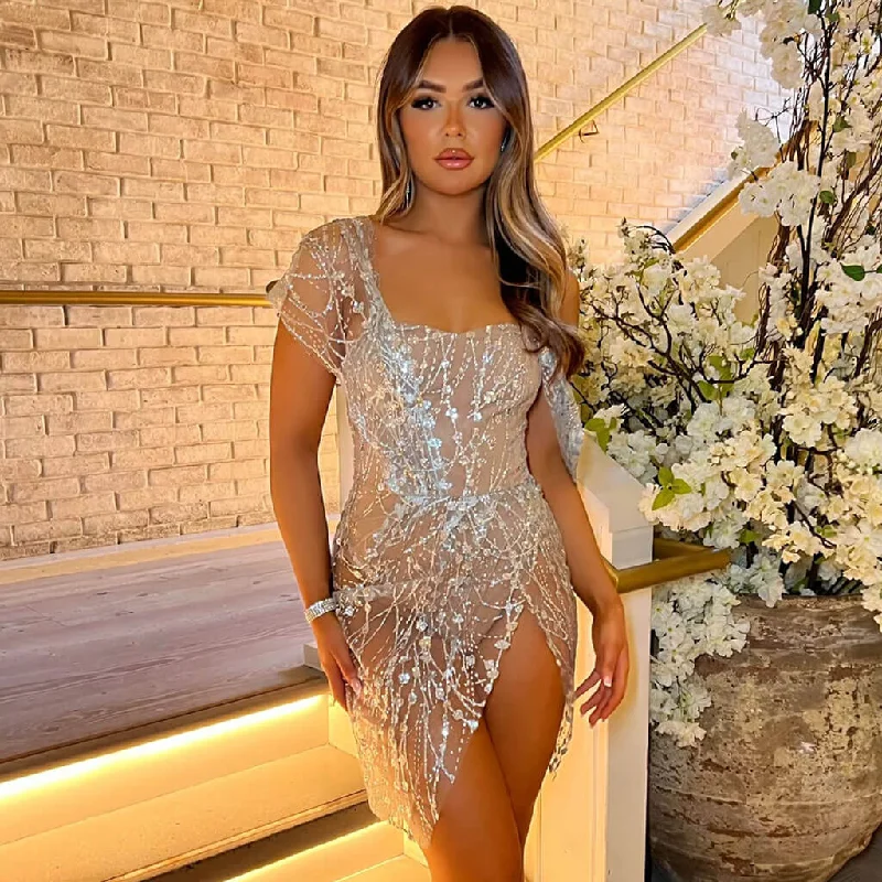 Asymmetrical Draped Sleeve Floral Sequin Mesh Fitted Split Mini Party Dress Tunics Distressed trendy Asymmetrical Draped Sleeve Floral Sequin Mesh Fitted Split Mini Party Dress Tunics Distressed trendy