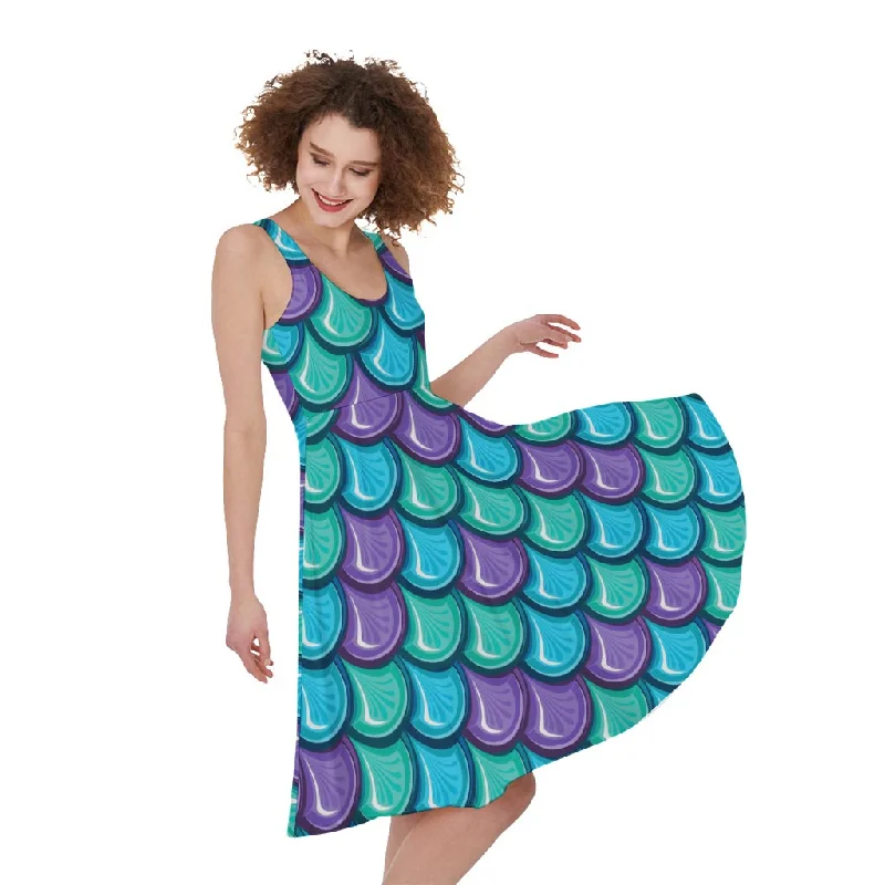 Teal Mermaid Scales Pattern Print Sleeveless Knee Length Dress Tunics Modern contemporary Teal Mermaid Scales Pattern Print Sleeveless Knee Length Dress Tunics Modern contemporary