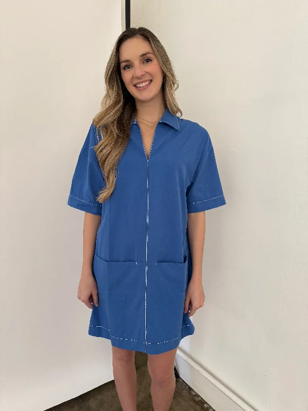 PINCH Sienna Contrast Stitched Collared Mini Dress (Blue) Trendy Tulle Mini Dress