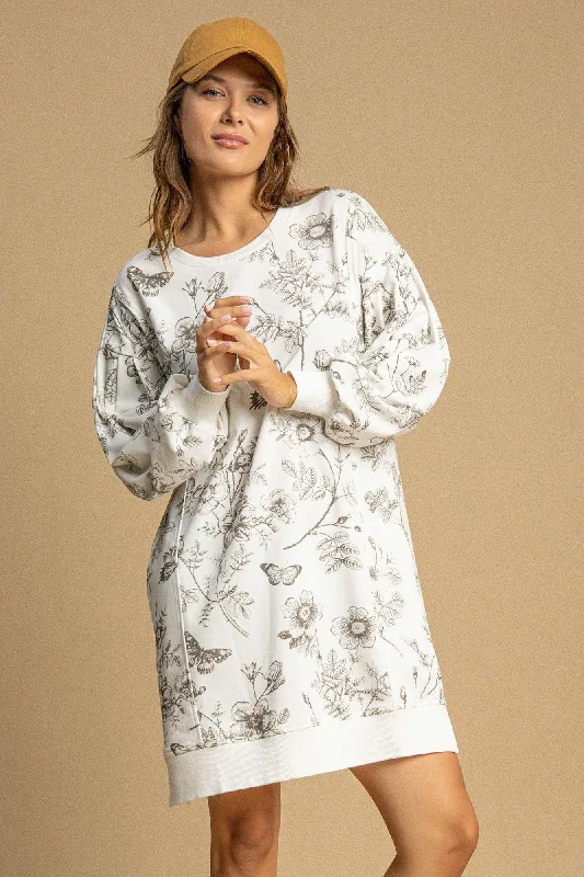 Umgee French Terry Floral Print Mini Dress in Black Comfortable Bodycon Mini Dress