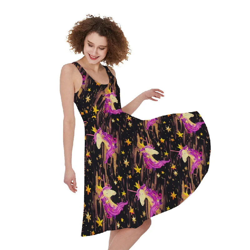 Star Fairy Unicorn Pattern Print Sleeveless Knee Length Dress Boatneck Modish Everyday Star Fairy Unicorn Pattern Print Sleeveless Knee Length Dress Boatneck Modish Everyday