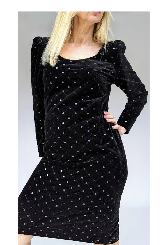 Vintage Black Velvet Long Sleeve Fitted Sequinned Party Dress Tunics stripes playful Vintage Black Velvet Long Sleeve Fitted Sequinned Party Dress Tunics stripes playful