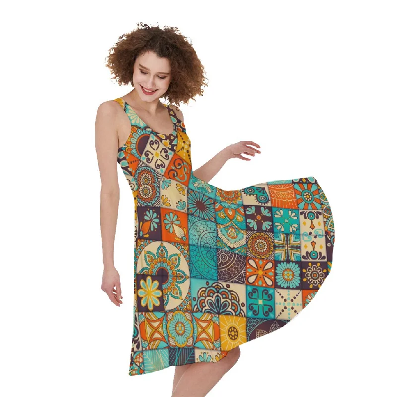 Vintage Mandala Bohemian Pattern Print Sleeveless Knee Length Dress Tunics Stylish elegant Vintage Mandala Bohemian Pattern Print Sleeveless Knee Length Dress Tunics Stylish elegant