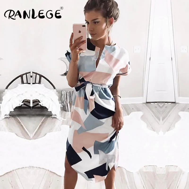 RANLEGE Summer Dress 2020 Women Boho Style Geometric Print Beach Dress Elegant Party Dresses with Belt Vestidos de fiesta XXXL Tunics Silk luxurious RANLEGE Summer Dress 2020 Women Boho Style Geometric Print Beach Dress Elegant Party Dresses with Belt Vestidos de fiesta XXXL Tunics Silk luxurious