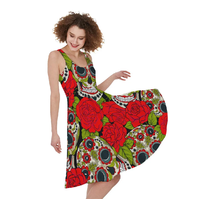 Rose Floral Sugar Skull Pattern Print Sleeveless Knee Length Dress Tunics Custom made Rose Floral Sugar Skull Pattern Print Sleeveless Knee Length Dress Tunics Custom made