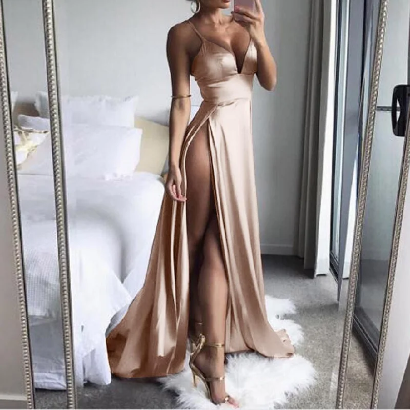 High-Split Maxi Sexy Women Solid Evening Party Dresses Clubwear Boat Neckline Classic High-Split Maxi Sexy Women Solid Evening Party Dresses Clubwear Boat Neckline Classic