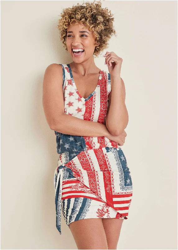 V-Neck Side Wrap Mini Dress - Americana Patchwork Stripe Trendy Crossover Mini Dress V-Neck Side Wrap Mini Dress - Americana Patchwork Stripe Trendy Crossover Mini Dress