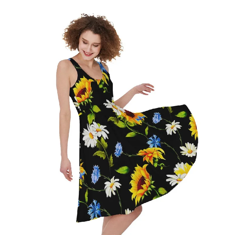 Sunflower Chamomile Pattern Print Sleeveless Knee Length Dress Tunics Fashionable chic Sunflower Chamomile Pattern Print Sleeveless Knee Length Dress Tunics Fashionable chic