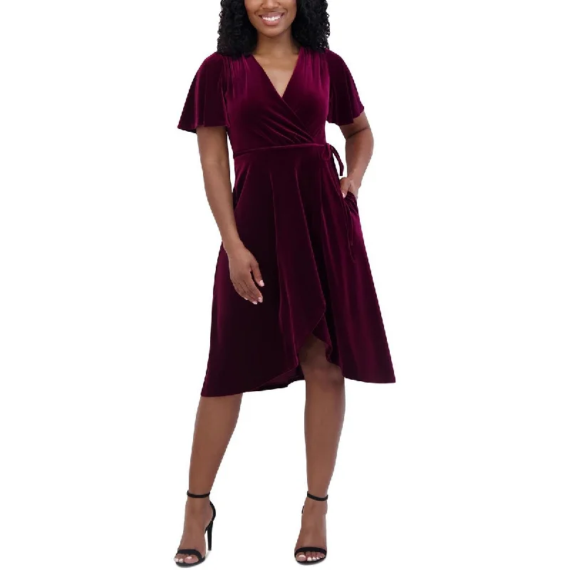 Petites Womens Faux-Wrap Velvet Sheath Dress Tunics Wedding white