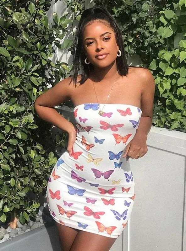 BUTTERFLY PRINT STRAPLESS WOMEN PARTY DRESS Tunics Trousers formal