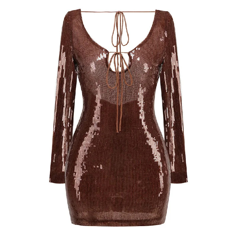90s Tie Neck Long Sleeve Sequin Embellished Backless Mini Party Dress Tunics Occasion special